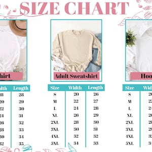 Może przedstawiać: Tabela rozmiar&oacute;w zawierająca trzy zdjęcia: biały t-shirt, beżową bluzę i białą bluzę z kapturem. Pod każdym zdjęciem znajduje się tabela z rozmiarami od S do 5XL oraz odpowiadającymi im wymiarami szerokości i długości w calach.