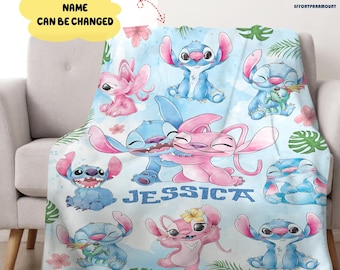 Personalized Stitch and Angel Fleece Blanket, Disneyland Blanket, Gifts for Kids, Birthday Gifts, Disneyland Watercolor Fleece Blanket
