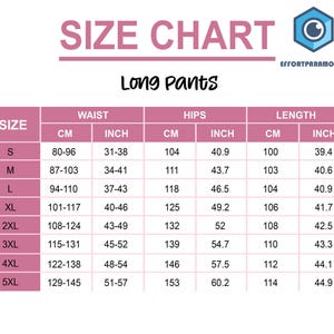 May include: Size chart for long pants with measurements in inches and centimeters. The chart shows waist, hips, and length measurements for sizes S through 5XL.