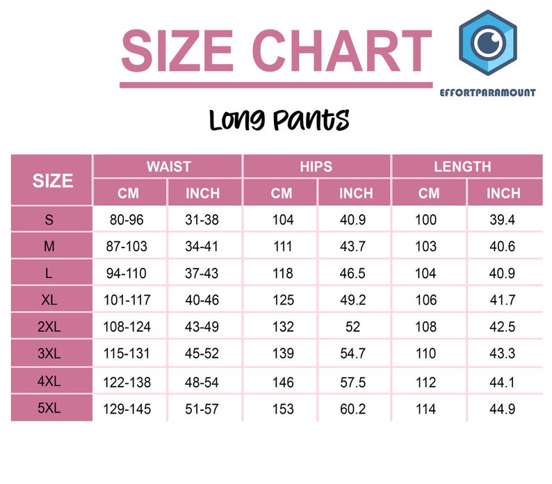 May include: Size chart for long pants with measurements in inches and centimeters. The chart shows waist, hips, and length measurements for sizes S through 5XL.