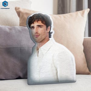 May include: A cut-out image of a man wearing a white collared shirt. The image is placed in front of a light-colored sofa and pillows. The man has dark hair and a neutral expression.