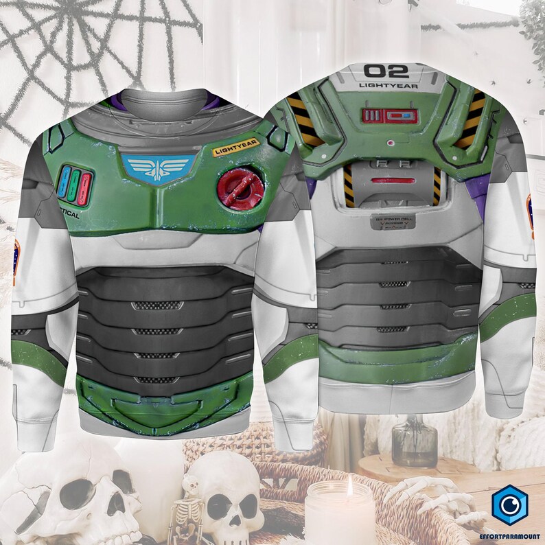 a detailed view of a green and gray space suit with various patches and insignia, including a red and white emblem on the chest.