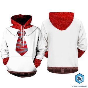 May include: White hoodie with a red interior and a red and white tie design on the front. The hoodie has a brown band around the bottom.