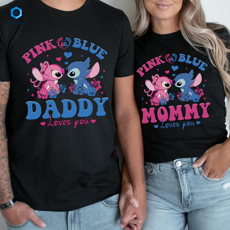 May include: Two black t-shirts with a pink or blue baby footprint design. The shirts feature Stitch and Angel from Lilo & Stitch. One shirt says "Pink or Blue Daddy Loves You" and the other says "Pink or Blue Mommy Loves You".