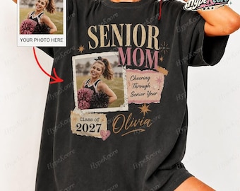 Camiseta personalizada para mamá de animadora de último año, camiseta de graduación con foto vintage personalizada, camiseta de la clase de 2027, camiseta orgullosa de mamá de animadora de último año de 2027