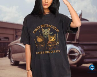Easily Distracted by Cats and Side Quests T-Shirt, Dnd Fan Shirt, Dragons Graphic Tee, Dungeon Master Tee, DnD Dad Gifts