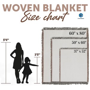 The image is a size chart for a woven blanket, depicting the blanket in different sizes and providing the corresponding measurements.