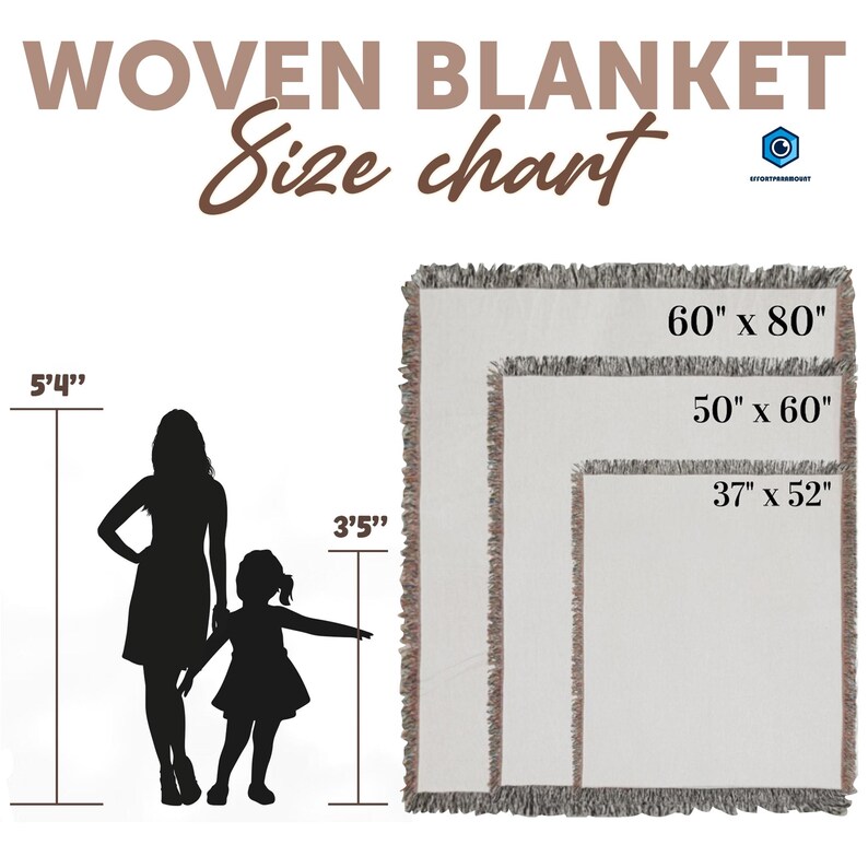 The image is a size chart for a woven blanket, depicting the blanket in different sizes and providing the corresponding measurements.