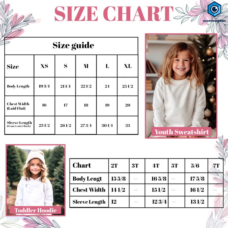 May include: Size chart for youth and toddler sweatshirts. The chart shows measurements in inches for body length, chest width, and sleeve length. The chart includes sizes XS, S, M, L, XL, 2T, 3T, 4T, 5T, 5/6, and 7T.