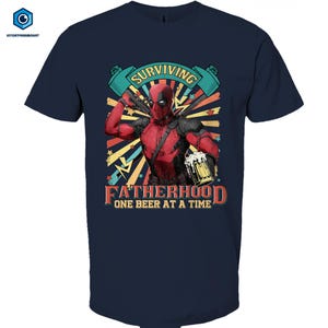 A t-shirt design featuring the character Deadpool, a popular Marvel superhero, holding a beer and surrounded by colorful graphics.