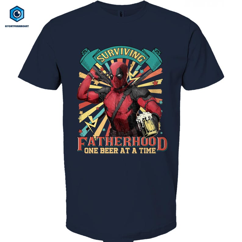 A t-shirt design featuring the character Deadpool, a popular Marvel superhero, holding a beer and surrounded by colorful graphics.