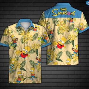May include: A short-sleeved button-down shirt featuring a repeating pattern of Bart Simpson characters, skateboards, and tropical flowers on a light yellow background. The shirt has a blue collar and sleeve trim, with "The Simpsons" text on the back.