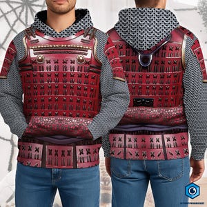 Samurai Armor Cosplay Hoodie, Samurai All Over Print Hoodie, Japanese Samurai Armor Cosplay Costume, Red Armor Pullover, Halloween Gifts