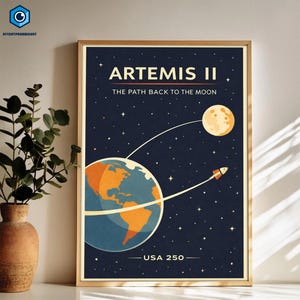 May include: Framed poster with a vintage-style illustration of the Artemis II mission. The artwork features Earth, the Moon, a rocket, and the text "ARTEMIS II THE PATH BACK TO THE MOON" against a dark blue starry background. The bottom reads "USA 250".