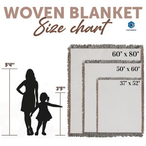 The image is a size chart for a woven blanket, depicting the blanket in different sizes and providing the corresponding measurements.