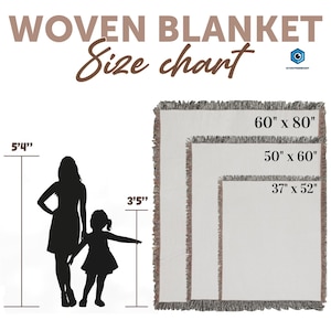 The image is a size chart for a woven blanket, depicting the blanket in different sizes and providing the corresponding measurements.