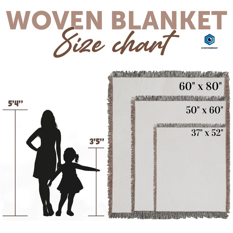 The image is a size chart for a woven blanket, depicting the blanket in different sizes and providing the corresponding measurements.
