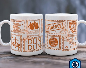 May include: White ceramic mug with a brown design featuring various Law & Order themed stamps. The stamps include the show's title, the names of characters, and the Special Victims Unit logo. The mug also features the words "Dun Dun" in a large font.