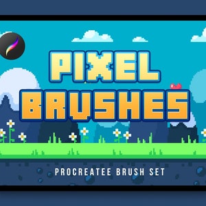 Può includere: Un'illustrazione digitale di un paesaggio in pixel art con il testo "PIXEL BRUSHES" in giallo e nero. Il testo "PROCREATE BRUSH SET" si trova sotto il paesaggio.