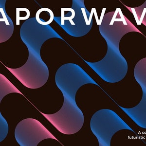 May include: A digital illustration of a vaporwave design with blue and pink wavy lines on a black background. The text "VAPORWAVE VOL. 1" is at the top of the image and the text "Vector artwork" is on the left side of the image. The text "A collection of retro futuristic vector artworks" is at the bottom of the image.