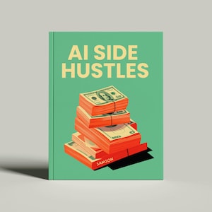 May include: A green book cover with the title "AI Side Hustles" in yellow text. A stack of cash with a $100 bill on top is shown on the cover.