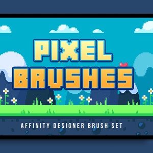 Può includere: Un'illustrazione digitale di un paesaggio in pixel art con un cielo blu, nuvole bianche, erba verde e montagne. Il testo "PIXEL BRUSHES" è in lettere pixel art gialle e blu. Il testo "AFFINITY DESIGNER BRUSH SET" è sotto il paesaggio.