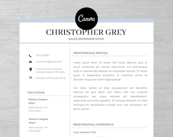 Modern Resume Template, CV and Cover Letter, Canva (Instant Download)