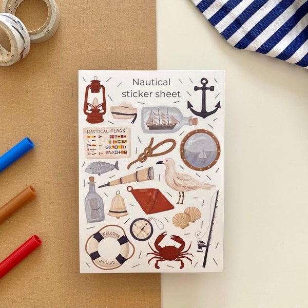 Sticker Sheet - Nautical | Journal Sticker sheet, Scrapbook Stickers, Summer Stickers, Beach Stickers Sheet, sea Sticker Sheet