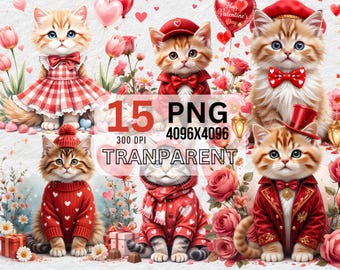 Valentine Cat PNG Clipart Bundle, Cupid Kitten Graphics (Digital Download)