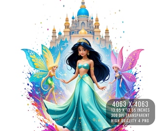 May include: A digital illustration of a princess in a turquoise gown with a blue and gold palace in the background. Two fairies with wings, one yellow and one pink, are flying around her. The image is surrounded by colorful paint splatters.