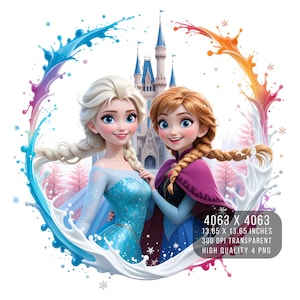 4 PNG Elsa and Anna Frozen Splash and Watercolor Digital design PNG file for sublimation - High Resolution -Instant Digital PNG Download