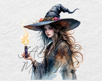 Paquete de imágenes prediseñadas de brujas en acuarela, arte mágico y fantástico (descarga digital)