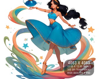 May include: A woman in a blue dress and gold jewelry holds a blue genie lamp. She is surrounded by a rainbow-colored swirl of magic. The image is 4063 x 4063 pixels, 300 DPI, and transparent.