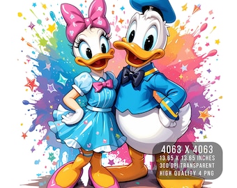 Daisy Duck & Donald Duck Watercolor PNG – Sublimation Design (Digital Download)