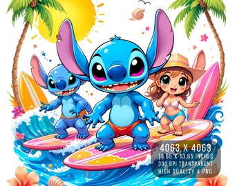 Stitch Summer PNG – Tropical Surfing Design (Digital Download)