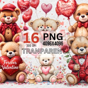 16 PNG, Valentine&#39;s day Clipart,Love Teddy, Valentines Bear clipart,Commercial Use,Digital Download, Card Making,Mixed Media, Paper Craft