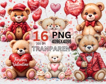 Valentijnsdag teddybeer clipart, liefde, bloemen (digitale download)