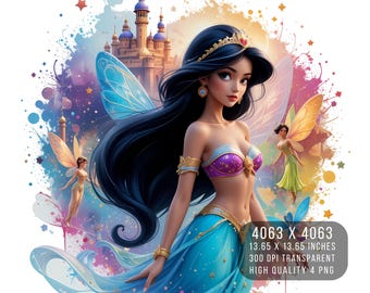 May include: A digital illustration of a woman with long dark hair and a blue and purple top, wearing a gold crown and earrings. She has large blue eyes and is surrounded by a colorful background with stars and a castle in the distance. The image is 4063 x 4063 pixels, 300 DPI, and transparent.