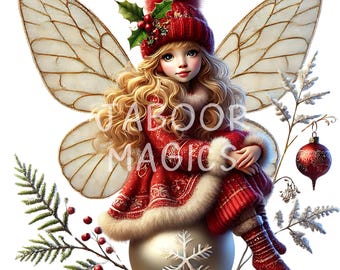 Op de afbeelding: Een fee met witte vleugels en een rood-witte winteroutfit zit op een grote witte ornament met een sneeuwvlokkenpatroon. Ze heeft blond haar en draagt een rode hoed met een witte pompon. Er hangt een klein rood ornament aan een tak achter haar.