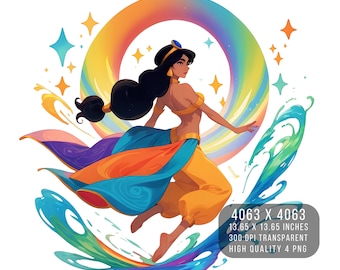 May include: A colorful illustration of a woman with long black hair wearing a yellow and blue outfit, standing on a rainbow with a rainbow circle behind her. The image has the text "4063 x 4063, 13.65 x 13.65 inches, 300 DPI Transparent, High Quality 4 PNG".
