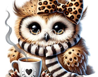 Imágenes prediseñadas de búho con lazo de leopardo, estampado animal de café (12 PNG)