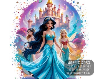 May include: A digital illustration of three women in front of a pink and blue castle. The woman in the center is wearing a blue dress and has long black hair. The women on either side are wearing white dresses and have long brown hair. The castle is surrounded by a pink and blue sky with stars.