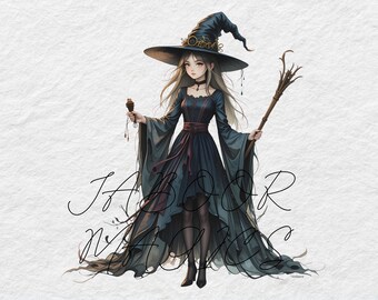 Paquete de imágenes prediseñadas de brujas en acuarela, álbumes de recortes de fantasía (descarga digital)