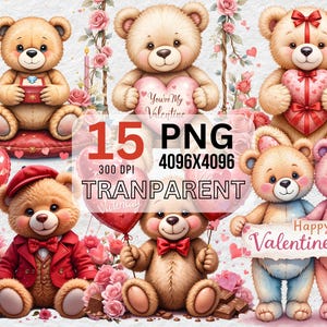15 PNG, Valentine&#39;s day Clipart,Love Teddy, Valentines Bear clipart,Commercial Use,Digital Download, Card Making,Mixed Media, Paper Craft