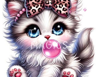Imágenes prediseñadas de gatitos con estampado de leopardo / Gato chicle PNG (Descarga digital)