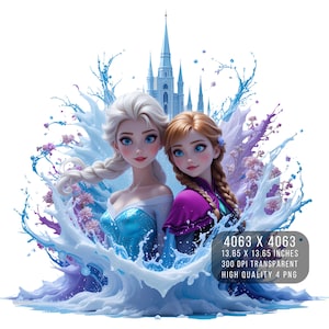 4 PNG Elsa and Anna Frozen Splash and Watercolor Digital design PNG file for sublimation - High Resolution -Instant Digital PNG Download