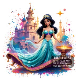 4 PNG Jasmine Princess Aladdin Watercolor Splash Digital design PNG file for sublimation -High Resolution -Instant Digital PNG Download