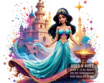 May include: A princess in a blue and purple outfit stands on a magic carpet in front of a colorful castle. The carpet is flying through the air with a golden pot in her hand. The background is a colorful watercolor effect.