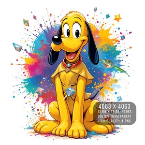 Op de afbeelding: Een cartoonillustratie van Pluto, een gele hond met zwarte oren, die een gele en gouden outfit draagt met juwelen. De achtergrond is een kleurrijk abstract ontwerp met verfspatten.