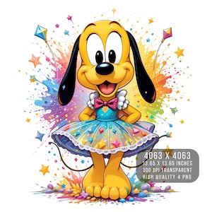 Op de afbeelding: Een cartoonillustratie van een gele hond die een blauwe jurk draagt met kleurrijk confetti en sterren op de achtergrond.